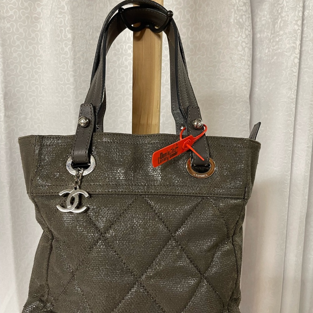 Chanel Paris Biarritz Tote Black Coated Canvas Leather Women's Tote Bag Gray